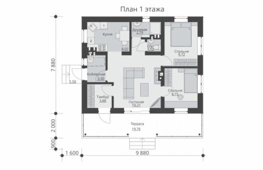 Проект одноэтажного жилого дома с террасой